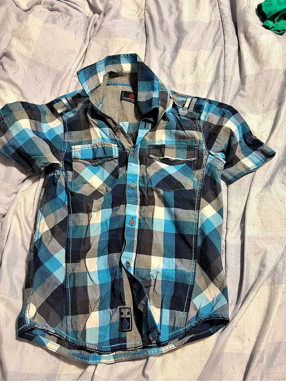 Swiss Cross Plaid Short Sleeve Shirt in Blue & Black Size Medium Like New